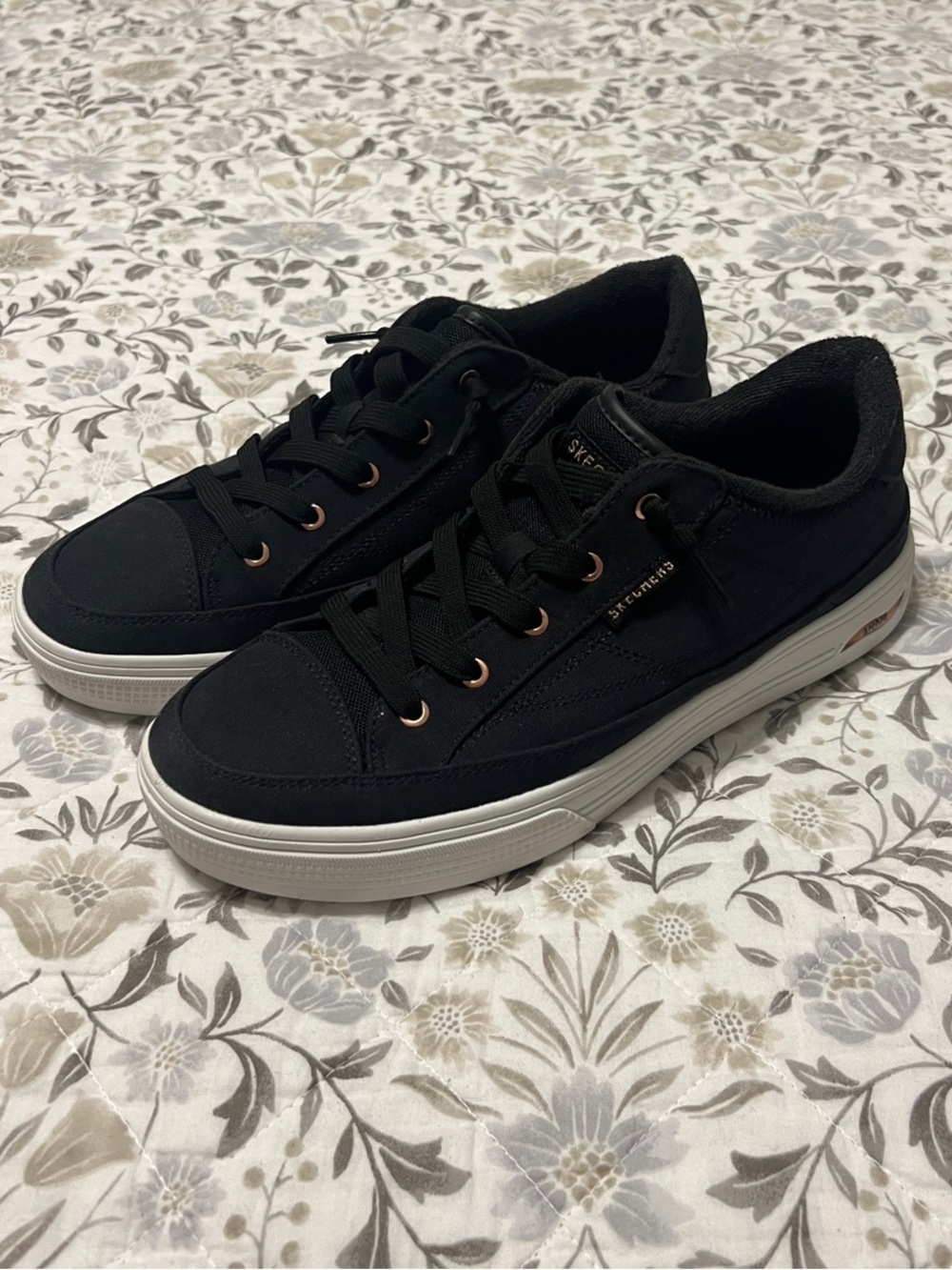 Skechers Black Sneakers with White Sole and Rose Gold Accents-worn once inside !